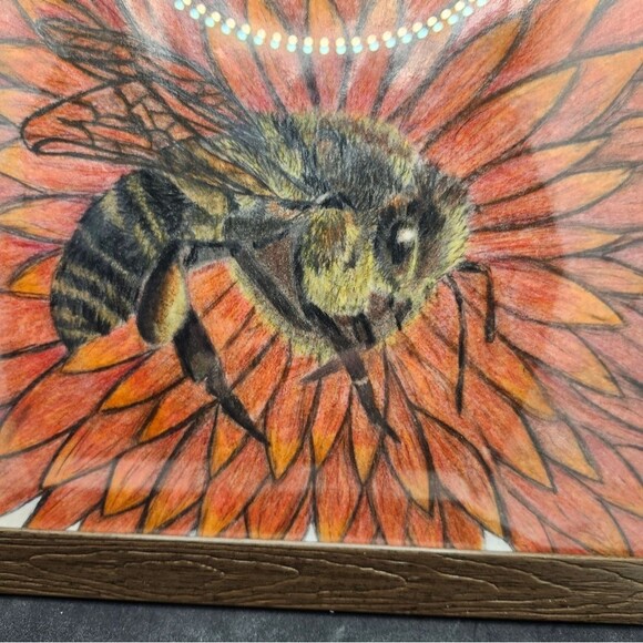 Hand Crafted Bee Flower Colored Pencil Drawing Framed 9x11" - Picture 3 of 14